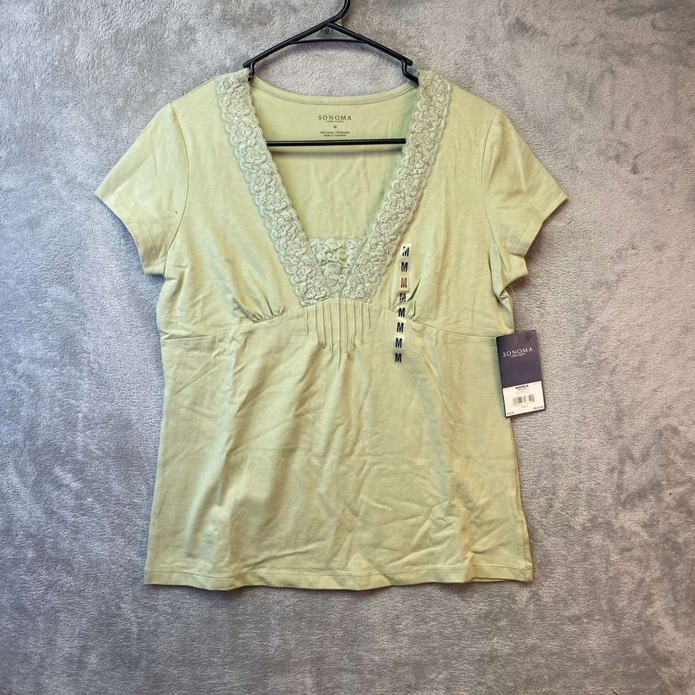 Sonoma Life Style Herbal‎ Tea Green Lace Trim Sequin V-Neck Top Medium ST7023
